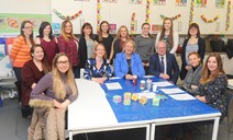 SAS and JA-Gadhia with Forth Valey students - group: Pictured at centre are Shirley-Anne Somerville (Minister for Further & Higher Education) with Jayne-Anne Gadhia (review chair & CEO of Virgin Money) and Dr Ken Thomson (Principal, Forth Valley College) with a group of early years students.