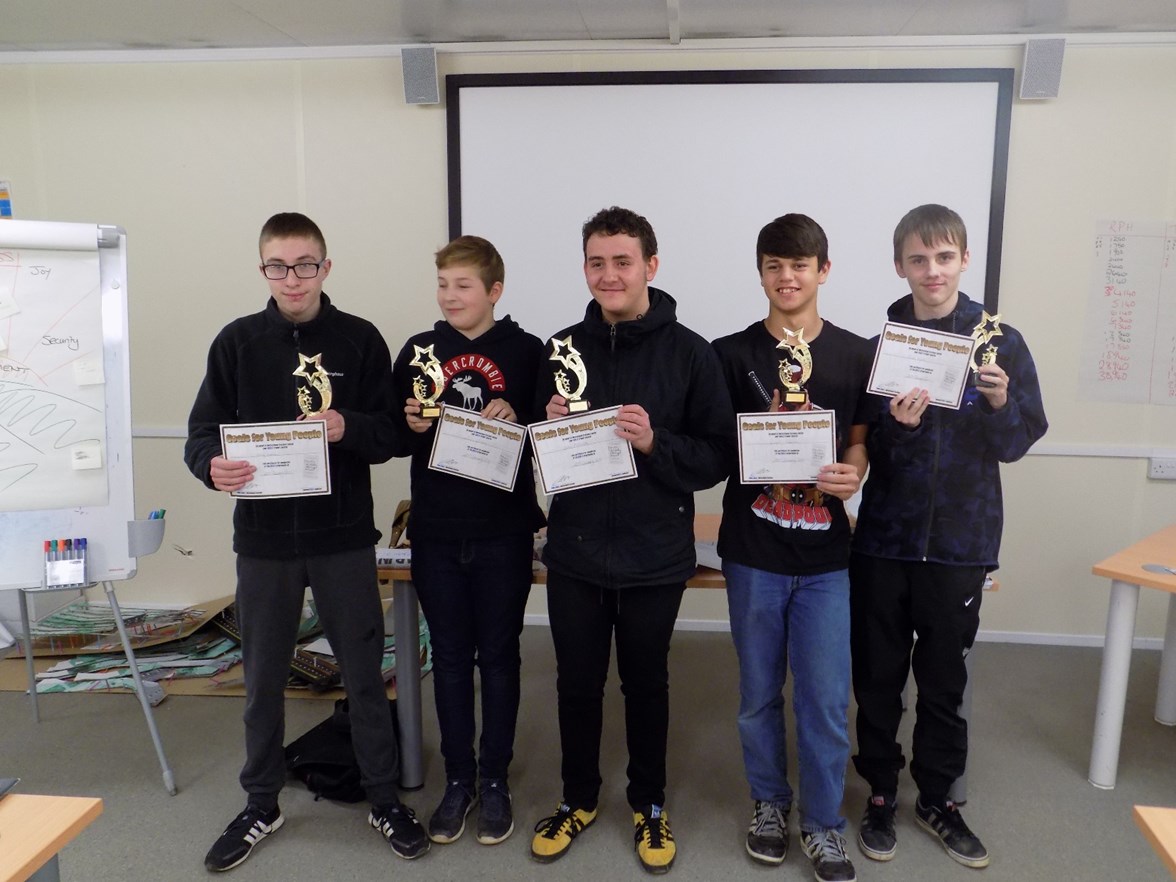 With awards, l-r Henry Evans, Lewis Christie, Aidan McConville, Ronell Paterson, Reece Hunter