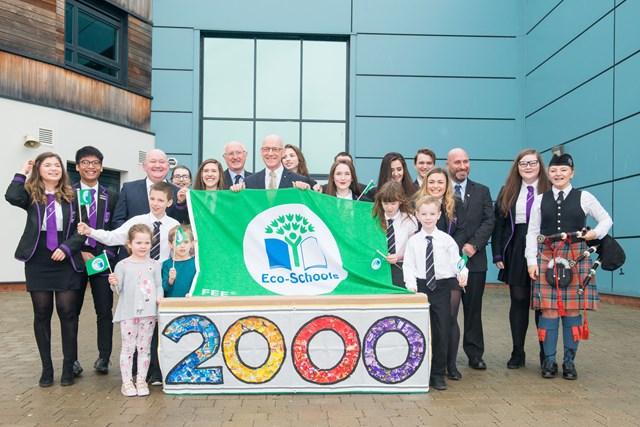 2000th Green Flag: Deputy First Minister John Swinney celebrates Scotland’s 2000th Green Flag for Eco-Schools with pupils and staff from St Johns RC Academy in Perth, the Chief Executive of the Foundation for Environmental Education Daniel Schaffner and Bruce Robertson Charity Trustee Keep Scotland Beautiful.