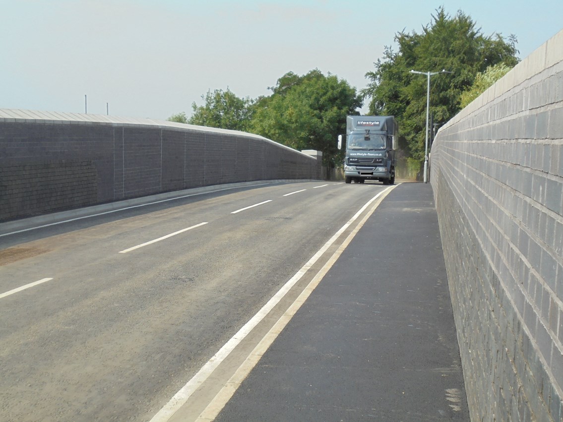 First vehicle over newly reopened Ford End Road bridge 26 July 2018