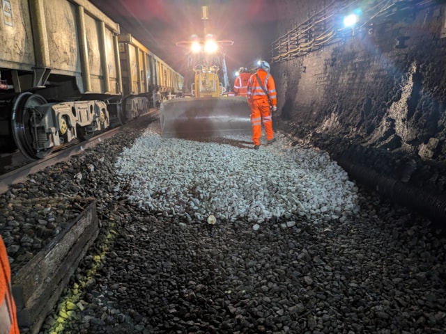 Track in the Severn Tunnel being renewed, July 2024