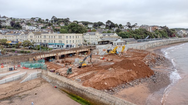 Work on building the link bridge and stilling basin is progressing well: Image credit - Dawlish Beach Cams