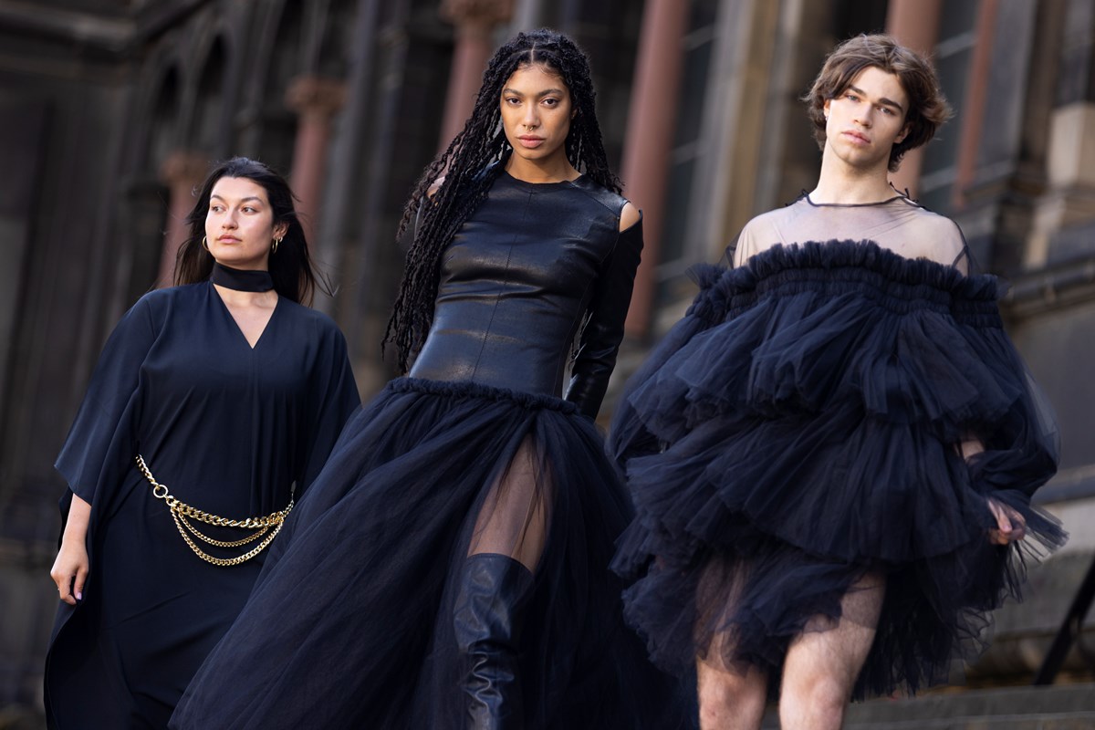 Models (L-R) Shannon Summers, Grace Dempsey and Joshua Cairns arrive at the National Museum of Scotland ahead of the opening of Beyond the Little Black Dress on  Saturday (1 July). The exhibition deconstructs an iconic wardrobe staple, examining the radical power of the colour black in fashion. Image copyright Duncan McGlynn.-3