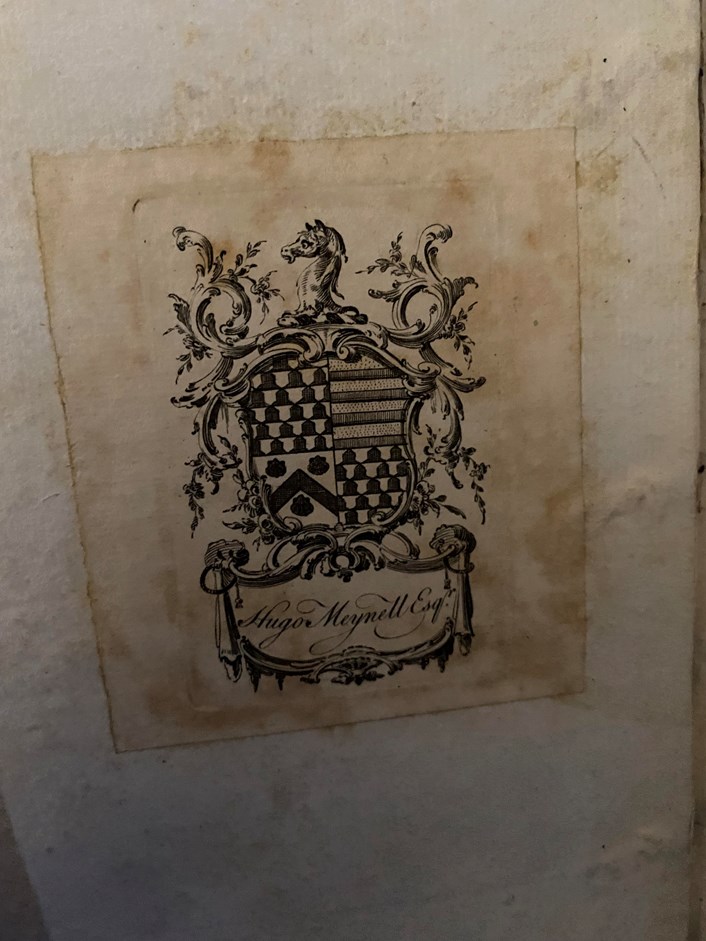 Georgian library: The crest of former owner of Temple Newsam Hugo Meynell, found inside his detailed History of the Egyptians and Carthaginians which was purchased in 1736.