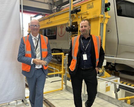 Deputy Minister for Transport Mark Hooper MS with Dan Tipper Transport for Wales Chief Infrastructure Officer at Canton Bogie drop2