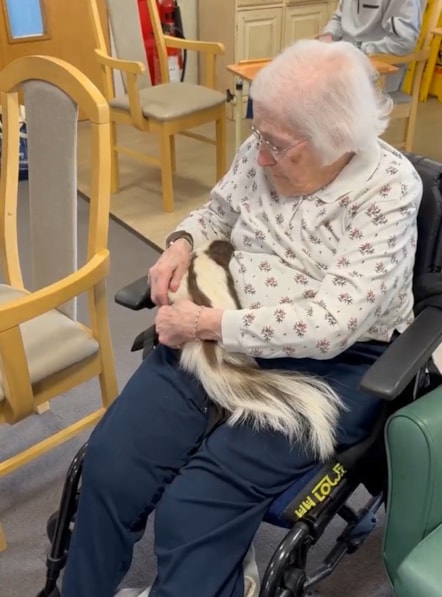 Margot Fall with skunk at Castleford care home