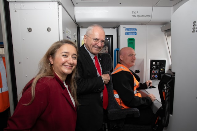 From left: Feryal Clark MP, Lord Hendy and Richard Redahan (testing and training driver): From left: Feryal Clark MP, Lord Hendy and Richard Redahan (testing and training driver)