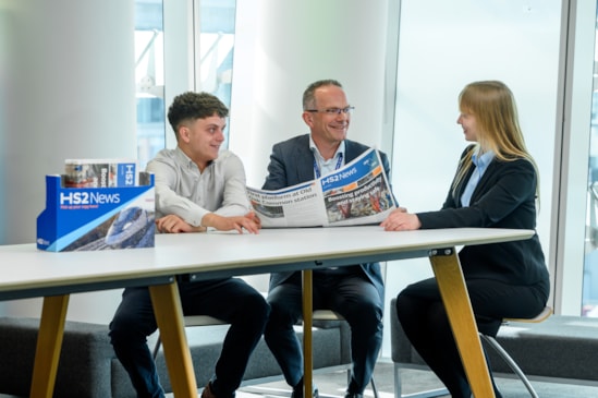 HS2's Deputy CEO Alan Foster welcomes new apprentices Lewis Squires and Liza Tyun: HS2's Deputy CEO Alan Foster welcomes new apprentices Lewis Squires and Liza Tyun