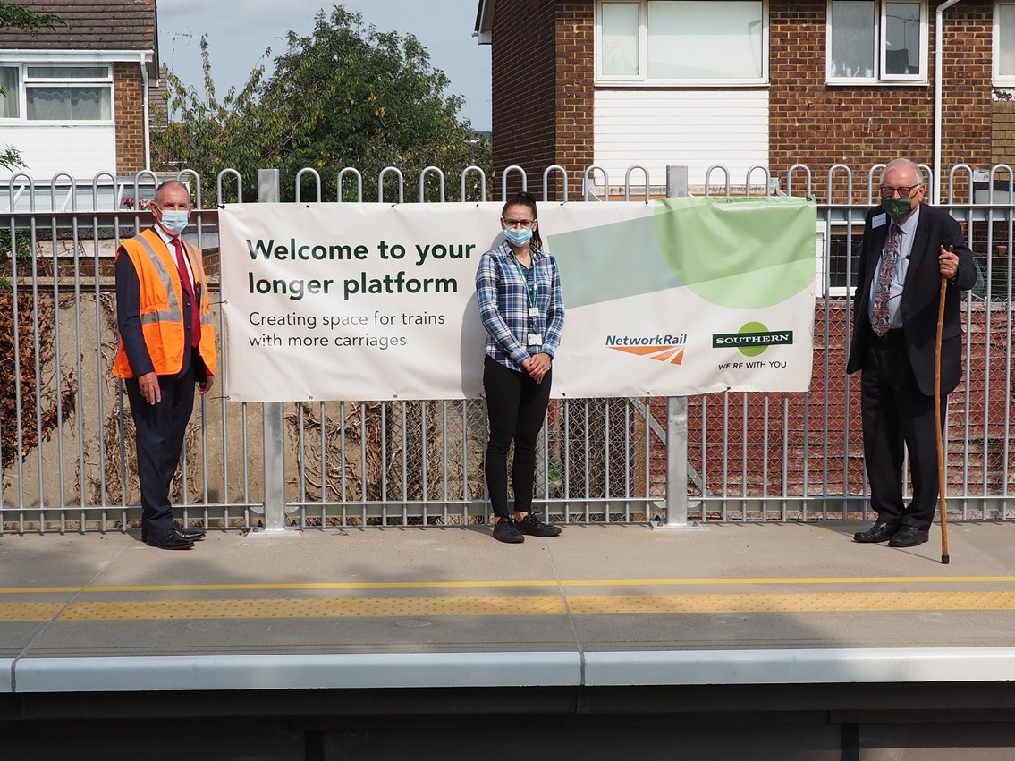 Longer platforms and improved ticket gates in £10 million boost for passengers to support the Gatwick Airport station upgrade: Sir Peter Bottomley, Rachel Halliday, Southern Station Manager and Patrick Gallagher, Senior Programme Manager at Network Rail