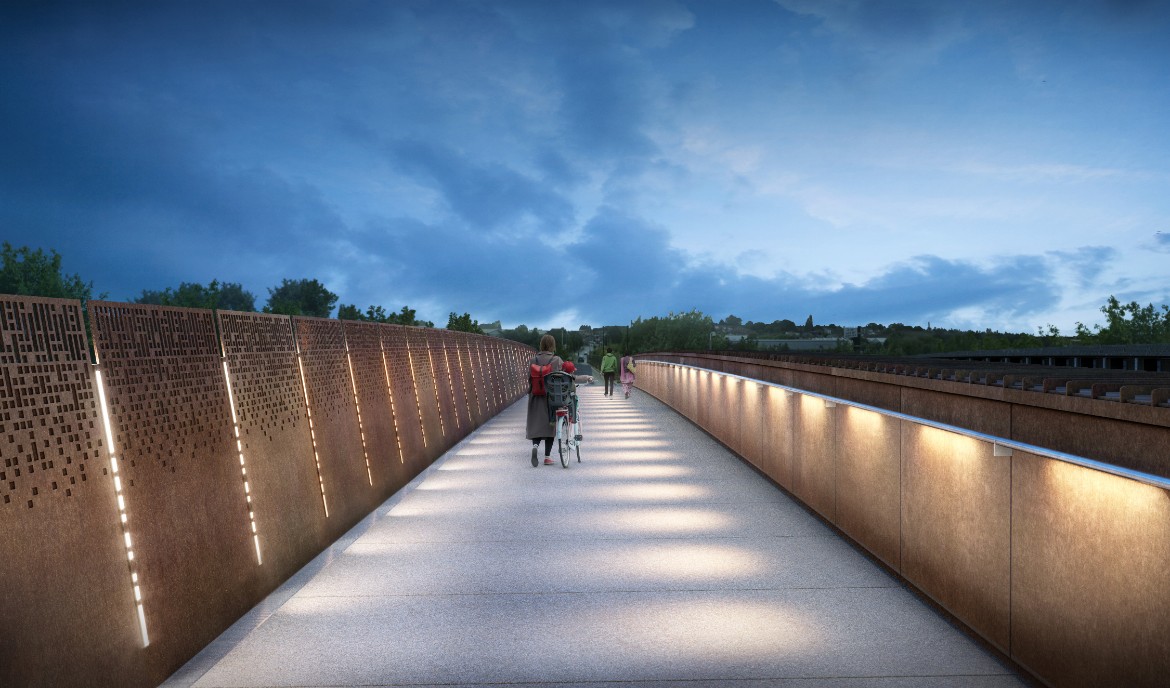 HS2 reveals new designs for Saltley Viaduct in Birmingham: Saltley Viaduct pedestrian view east at night
