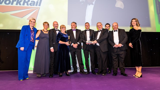 Colleague from the Dartmoor Line project collecting one of the two awards won at this year's National Rail Awards