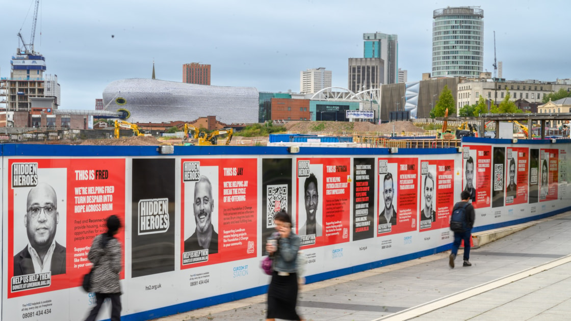 HS2's Love Brum hoardings with the city in the background cropped