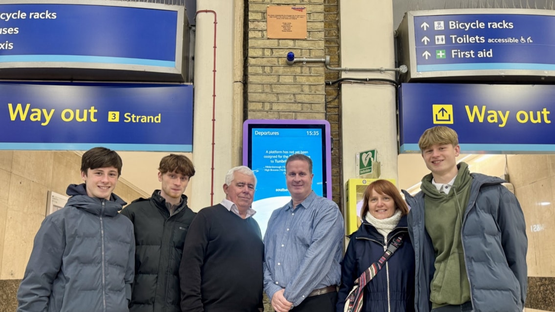 London's Charing Cross station remembers 120 years since tragic roof collapse: The Jones family in front of the plaque