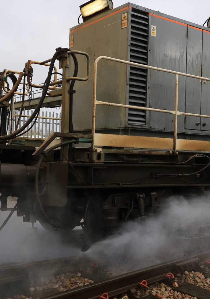 'Leaf buster' Multi Purpose Vehicle (MPV) 5: One of our fleet of treatment trains that clean the rails using water jets and then apply a sand-based gel to help trains gain traction http://www.networkrail.co.uk/timetables-and-travel/delays-explained/leaves/ RHTT; Rail Head Treatment Train; Autumn; Winter; Weather