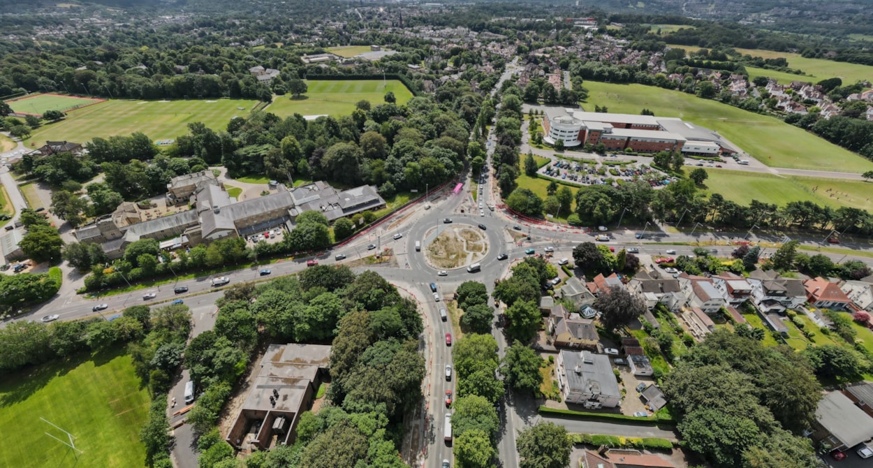 Lawnswood roundabout aerial: Aerial photo of Lawnswood roundabout showing all four arms of the junction, with Lawnswood School.