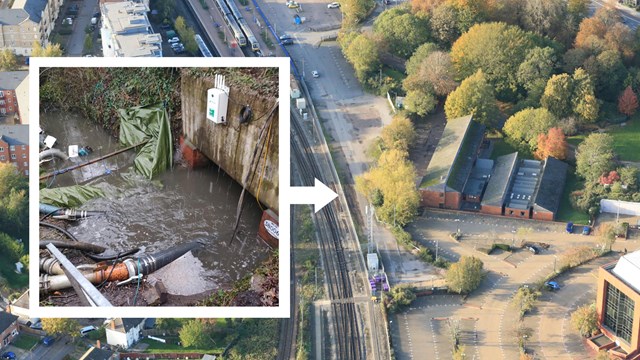 Flood damage stops trains between Aylesbury and Princes Risborough: Aylesbury-Culvert-aerial-with-close-up