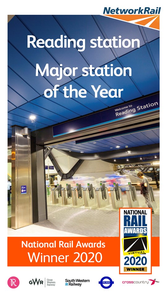 Reading station has been named as major station of the year at the 2020 National Rail Awards: Reading station awarded major station of the year
