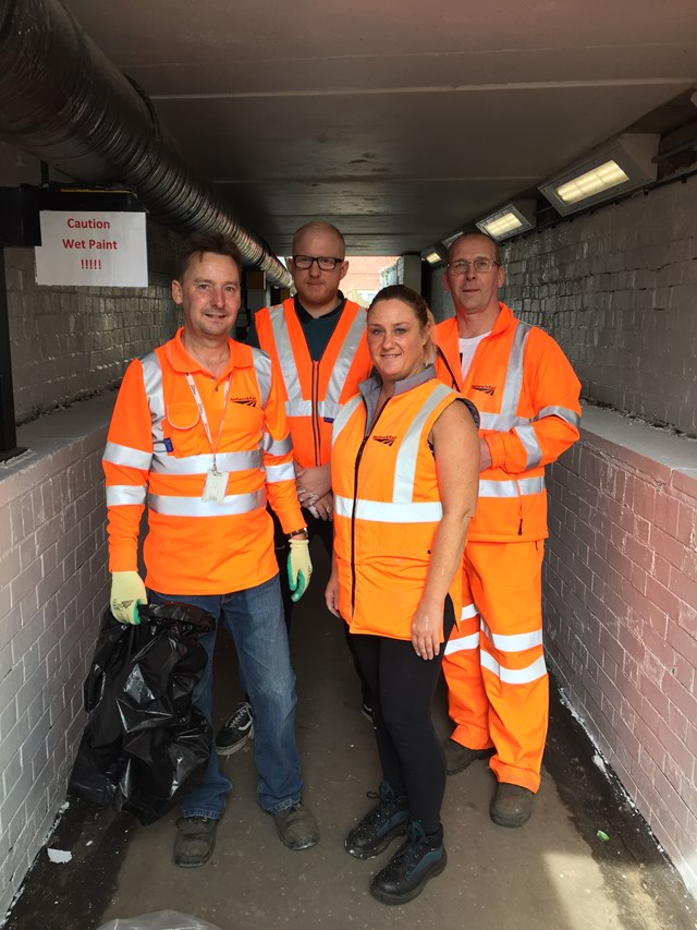 Smithy Bridge underpass cleaned and painted during Network Rail volunteer day: Andrew Griffin, Dan Coles, Sarah McArdle and Roy Greenhalgh at the improved Smithy Bridge underpass.