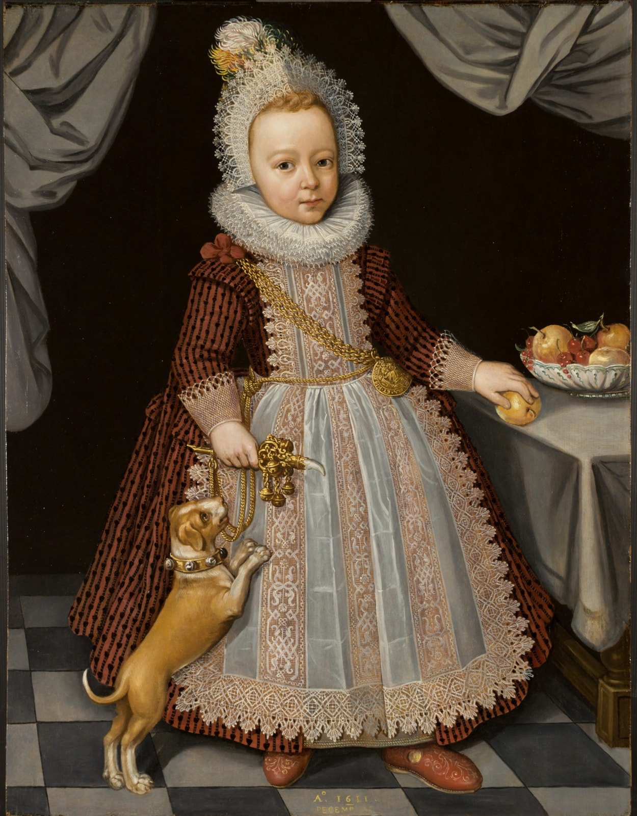 Fashion at Play talk: Among the outlandish outfits up for discussion will be the famous portrait of Child with Rattle, painted in 1611, which has been specially conserved for display in the exhibition.
Depicting a boy of about two years old, just taking his first steps, the child was previously thought to be a girl but is now believed to be Henry Frederick Howard, the future third Earl of Arundel who was born in 1608.