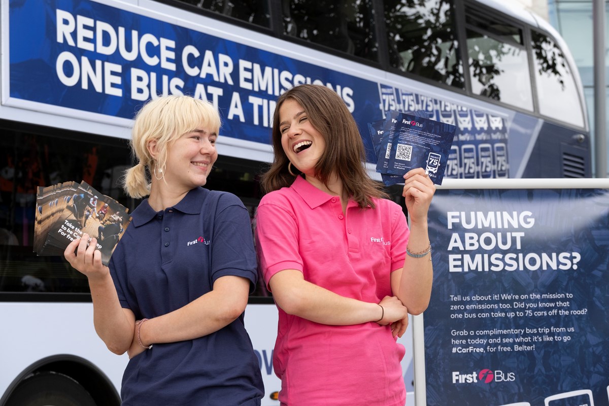 First Bus surrounded its electric double decker with 75 chalk stencils to show the number of cars one bus can remove from the road