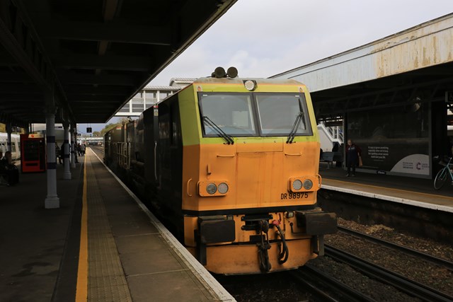 'Leaf buster' Multi Purpose Vehicle (MPV) 2: One of our fleet of treatment trains that clean the rails using water jets and then apply a sand-based gel to help trains gain traction http://www.networkrail.co.uk/timetables-and-travel/delays-explained/leaves/
RHTT; Rail Head Treatment Train; Autumn; Winter; Weather