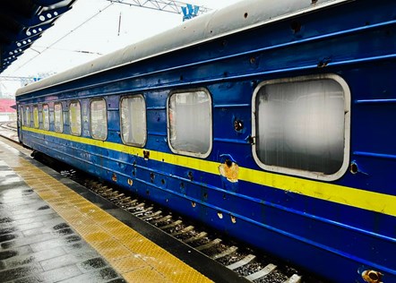 A train carriage at Kyiv station riddled with the holes of bullets and shrapnel