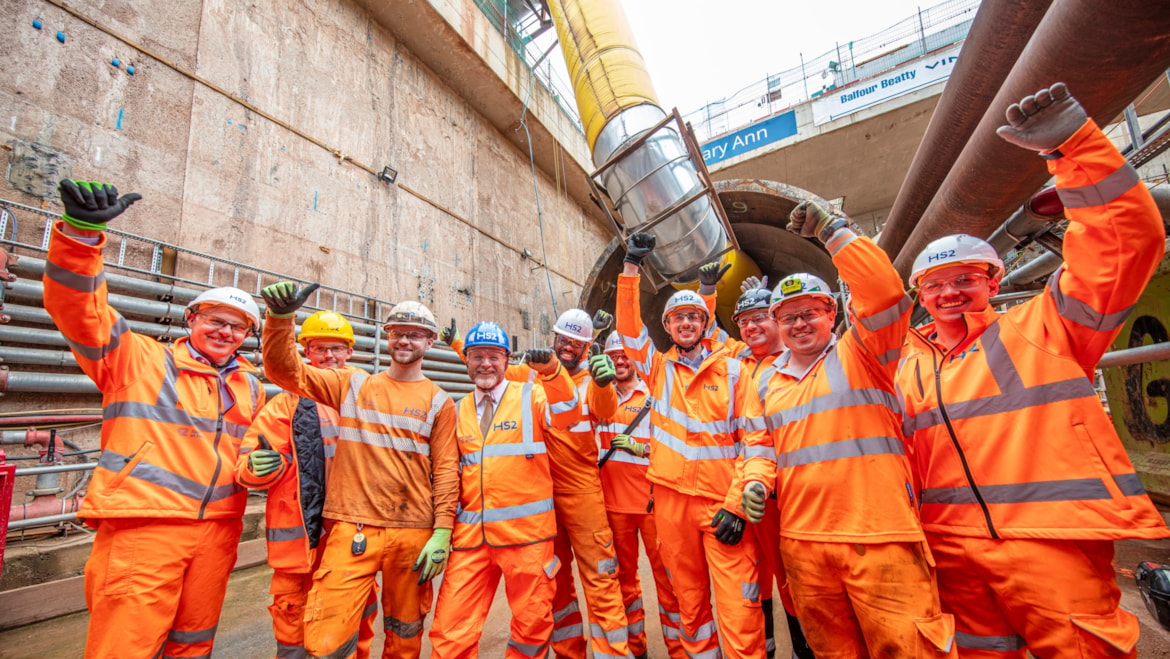 HS2’s tunnelling into Birmingham reaches halfway point: The HS2 and BBV Bromford Tunnel team with Liam Byrne MP