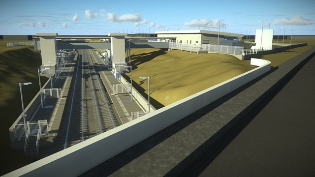 Computer image of proposed new Winslow station looking West from Buckingham Road