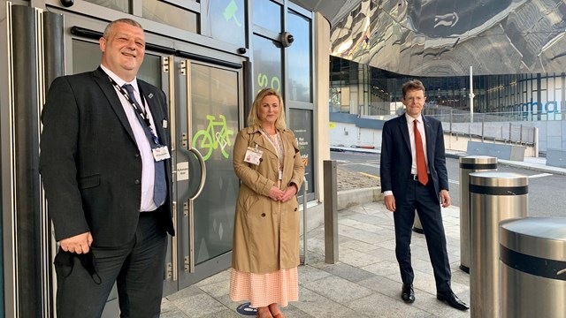 On your bike! Secure 'cycle pod' opens at Birmingham New Street: L-R Craig Stenning Birmingham New Street station manager, Emma Crowton Transport for the West Midlands, Andy Street Mayor of the West Midlands