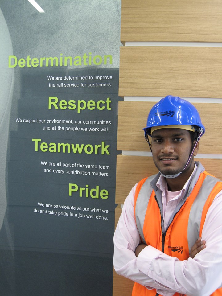 Prakash Navaratnarajah, Network Rail's 1000th apprentice: Prakash Navaratnarajah, the 1,000th apprentice to be hired through Network Rail’s award winning advanced apprenticeship scheme, with the Network Rail 'values' of Determination, Pride, Respect and Teamwork.