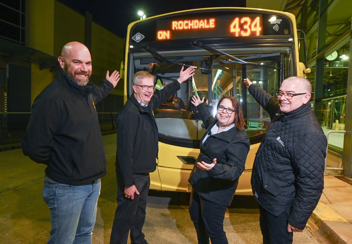 (L-R) Paul Townley (First Bus), Stephen Rhodes (TfGM), Zoe Hands (First Bus), Stewart Connell (station manager)