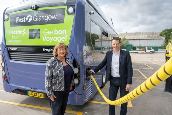 Transport Minister Fiona Hyslop and First Bus Scotland MD Duncan Cameron at Scotstoun Depot