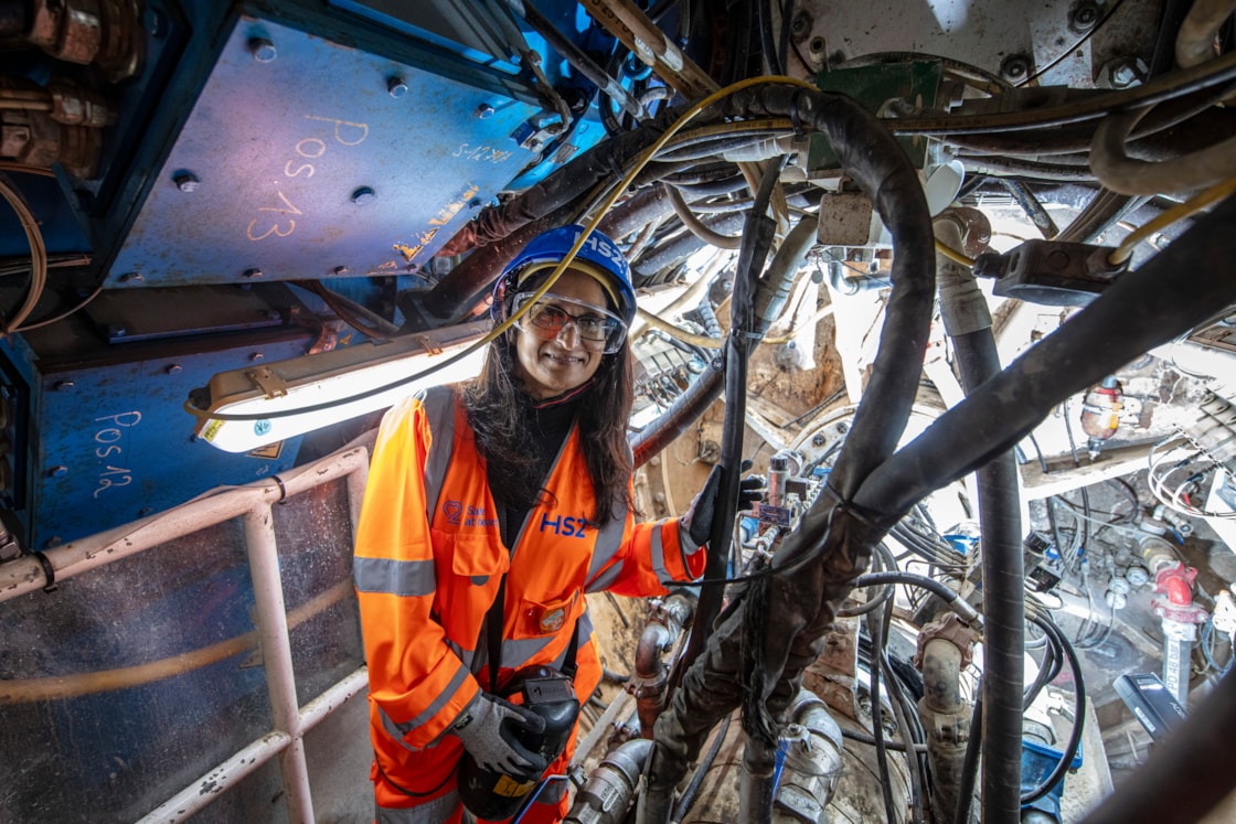 HS2 TBM Sushila Hirani visit 11: Sushila Hirani, a local schoolteacher who was chosen by a local school to have a HS2 TBM named after her, visits TBM Sushila to see progress as the tunnelling neared completion.