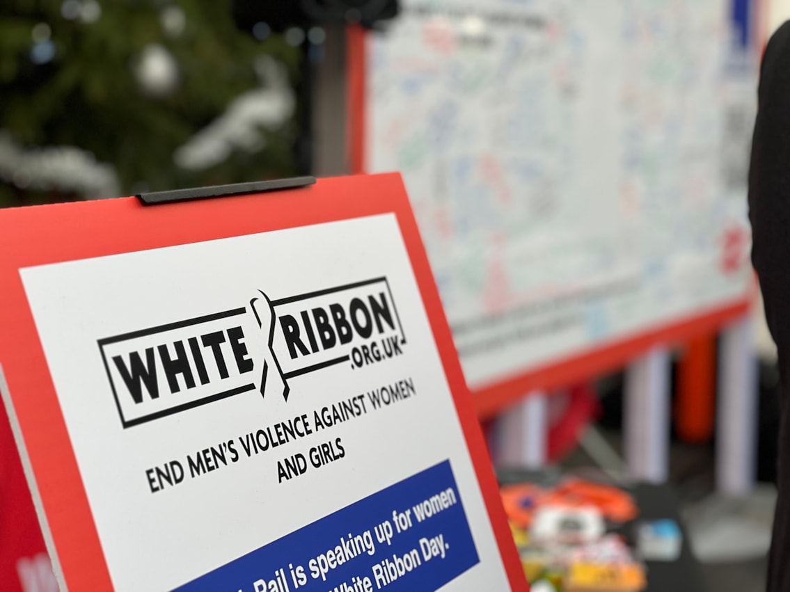 Birmingham New Street White Ribbon event sign