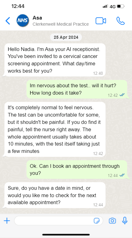 WhatsApp conversation demonstrating how appointments can be booked