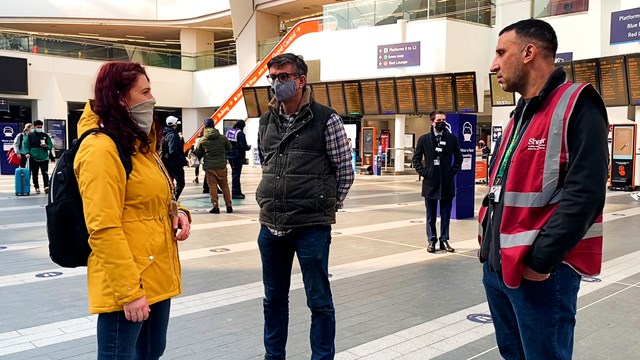Railway station outreach helps more than 300 homeless people: Shelter Outreach visit Birmingham New Street (L-R Kia Morris Shelter engagement worker, Martin Frobisher Network Rail, Shelter volunteer)