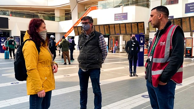 Pioneering pilot helps Birmingham street homeless into housing: Shelter Outreach visit Birmingham New Street (L-R Kia Morris Shelter engagement worker, Martin Frobisher Network Rail, Shelter volunteer)