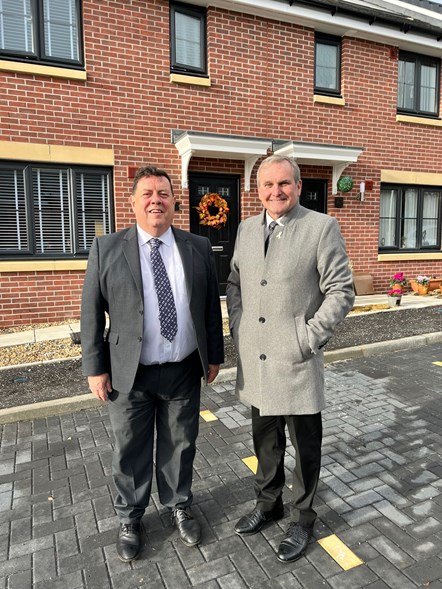 Cllr Reid and Cllr McMahon at the new Council homes within the Barratt development The Scholars
