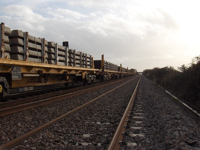 Highbridge & Burnham - Taunton Track Renewals: Network Rail's High Output Track Relaying Train in action near Highbridge