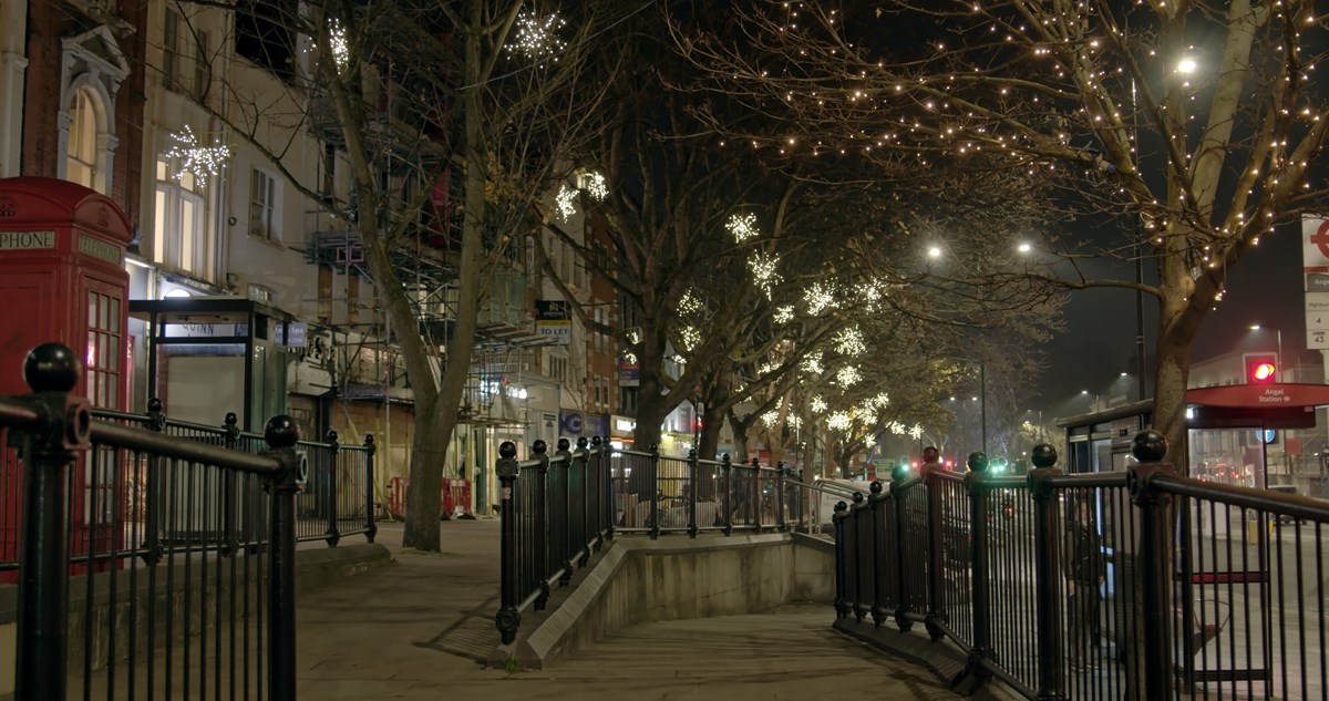 Upper Street Christmas lights near Angel