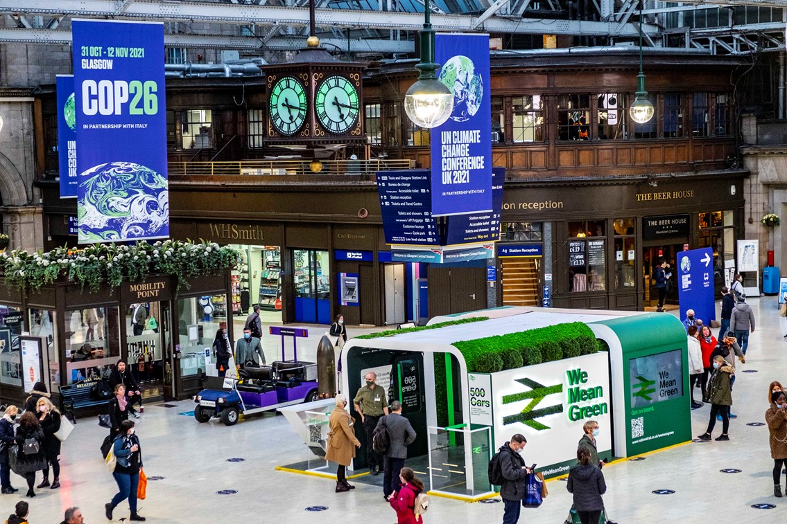 The Rail Delivery Group's We Mean Green stand at Glasgow Central station for COP26