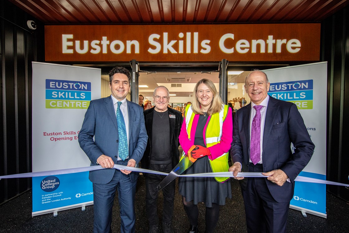 Euston Skills Centre opening ribbon cutting Feb 2024: L-R Huw Merriman MP, HS2 Minister; Sir Peter Hendy, Chair, The Euston Partnership; Cllr Georgia Gould, Leader, Camden Council; Jules Pipe CBE,  Deputy Mayor of London for Planning, Regeneration and Skills