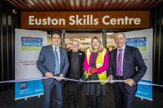 Euston Skills Centre opening ribbon cutting Feb 2024: L-R Huw Merriman MP, HS2 Minister; Sir Peter Hendy, Chair, The Euston Partnership; Cllr Georgia Gould, Leader, Camden Council; Jules Pipe CBE,  Deputy Mayor of London for Planning, Regeneration and Skills