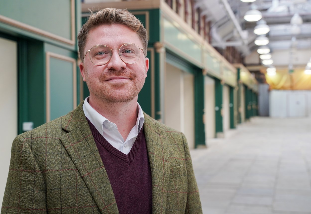 Market 1: Councillor Jonathan Pryor, Leeds City Council’s deputy leader and executive member for economy, culture and education, with some of the newly-refurbished blockshop units at Leeds Kirkgate  Market.