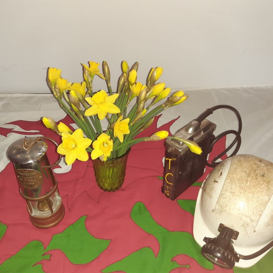 Helmet and lamp with Welsh flag and daffodils