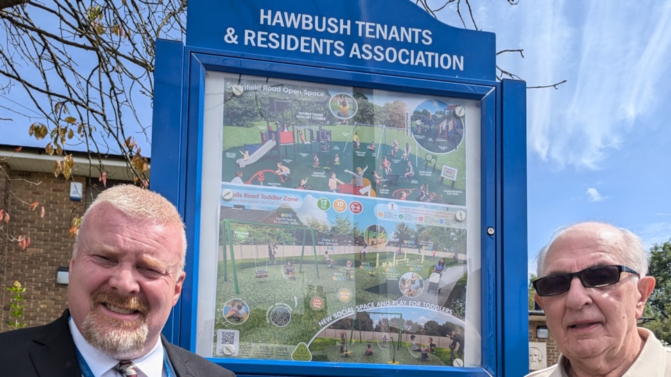 Cllr Damian Corfield, cabinet member responsible for parks, with Geoff Lawley of the Hawbush Tenants and Residents Association