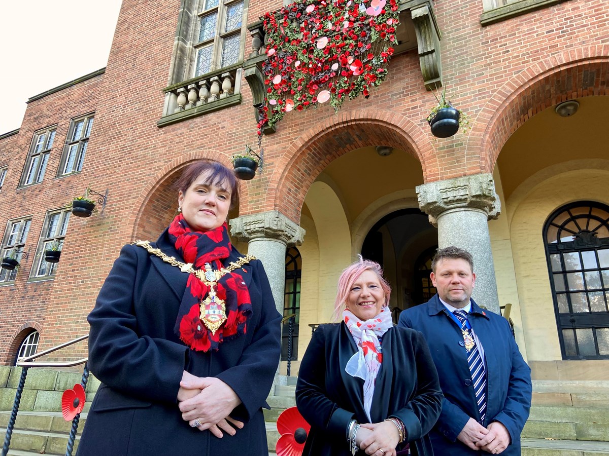 Councillor Andrea Goddard, Mayor of Dudley, with Rose Cook-Monk poppy organiser and Councillor James Clinton, Mayor's consort.