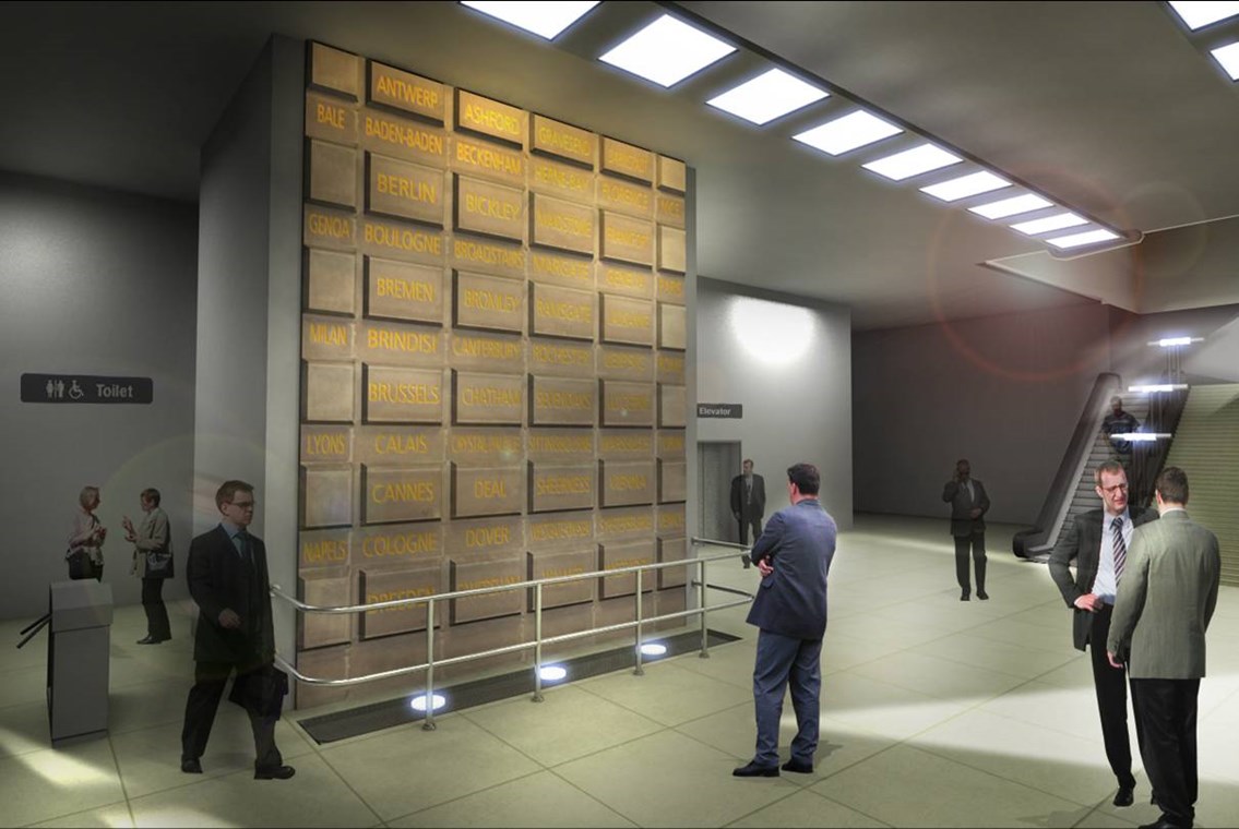 How the restored destination wall will look: The historic 'destination wall' will be restored and re-sited inside the new Blackfriars station.