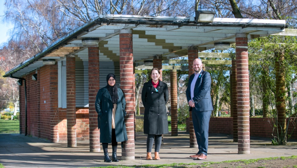 Cabinet Member for Parks and Play, Cllr Caroline Woodley (centre), with Mayor of Hackney, Philip Glanville (right) and Cllr Humaira Garasia (left) at the proposed kiosk location in Haggerston Park