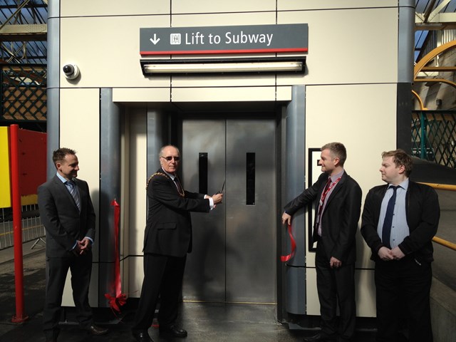 New lifts open at Carlisle station: Darren Miller, Network Rail, Councillor Ray Bloxham, Major of Carlisle, Mark Green, Virgin Trains and David Gale of Trailblazers formally open the new facilities at Carlisle station